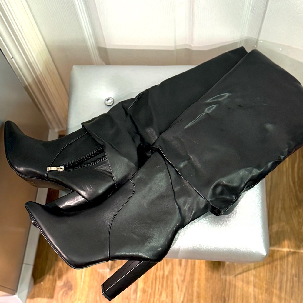 Black Wide Fit PU Pointed Fold Over Block Heel Knee Boot
